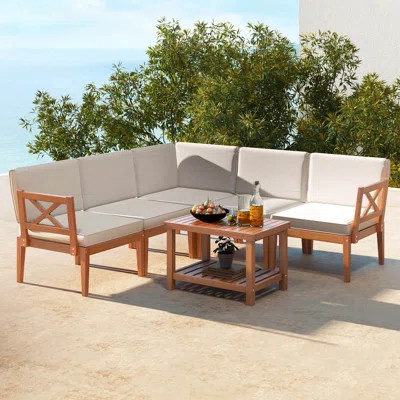 6 Pcs Acacia Wood Patio Furniture Set With Cushions And 2-tier Coffee Table | Wayfair North America