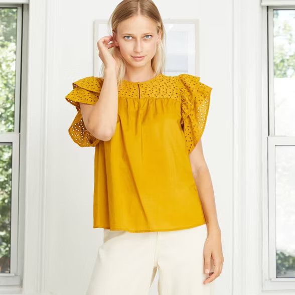 Women's Short Sleeve Eyelet Top - A New Day™ | Target