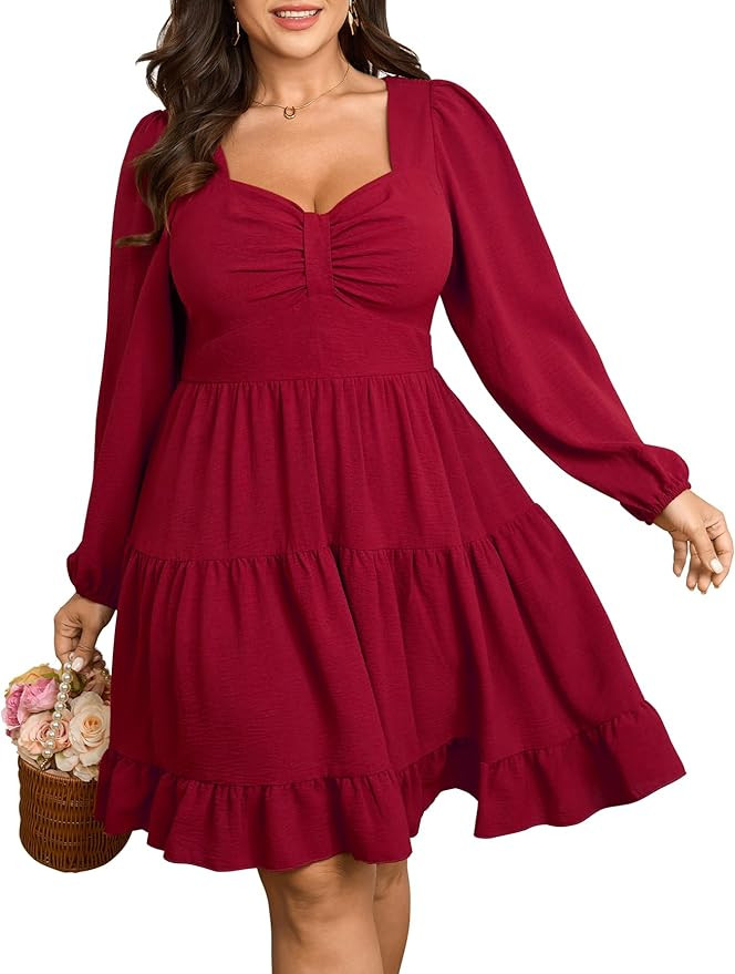 SCOMCHIC Women's Plus Size Dresses Cocktail Long Sleeve Sweetheart Neckline A Line Boho Cute Flow... | Amazon (US)