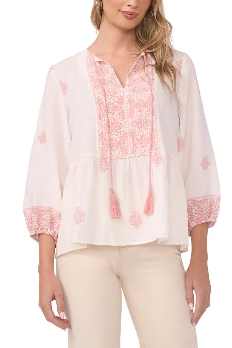 Embroidered Tie Neck Peasant Top (Women) | Nordstrom | Nordstrom