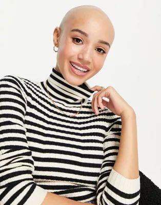 Pieces knitted roll neck top in cream and black stripe | ASOS (Global)