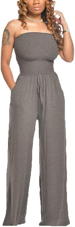 POFBON Women's Off Shoulder Solid Jumpsuit - Tube Top Romper Loose Strapless Wide Leg Pants with ... | Amazon (US)