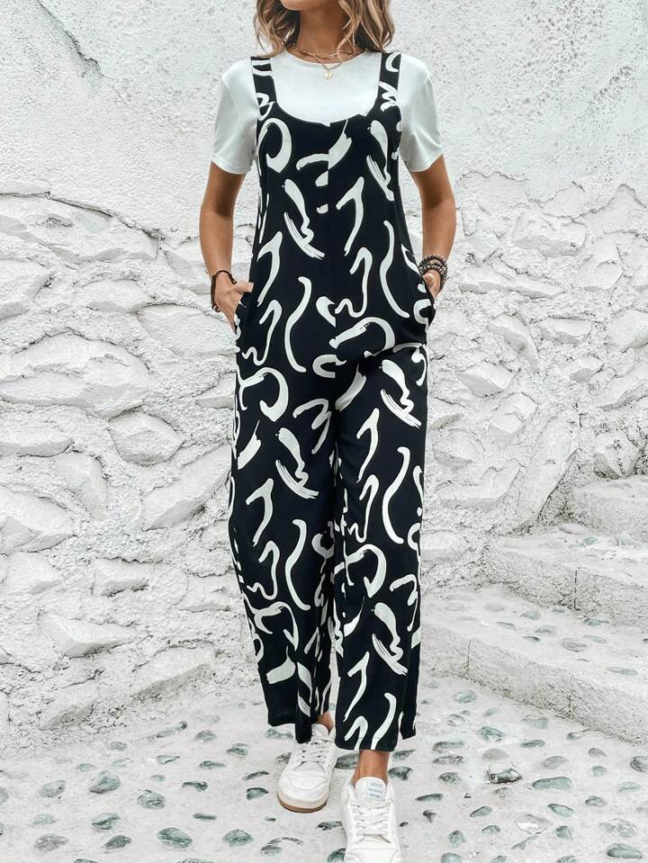 SHEIN LUNE Allover Print Slant Pocket Overall Jumpsuit Without Tee | SHEIN