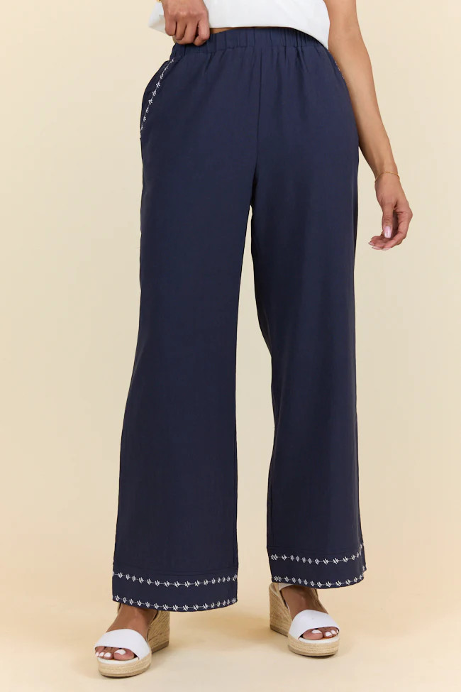 Just Feels Right Navy Embroidered Pants | Pink Lily
