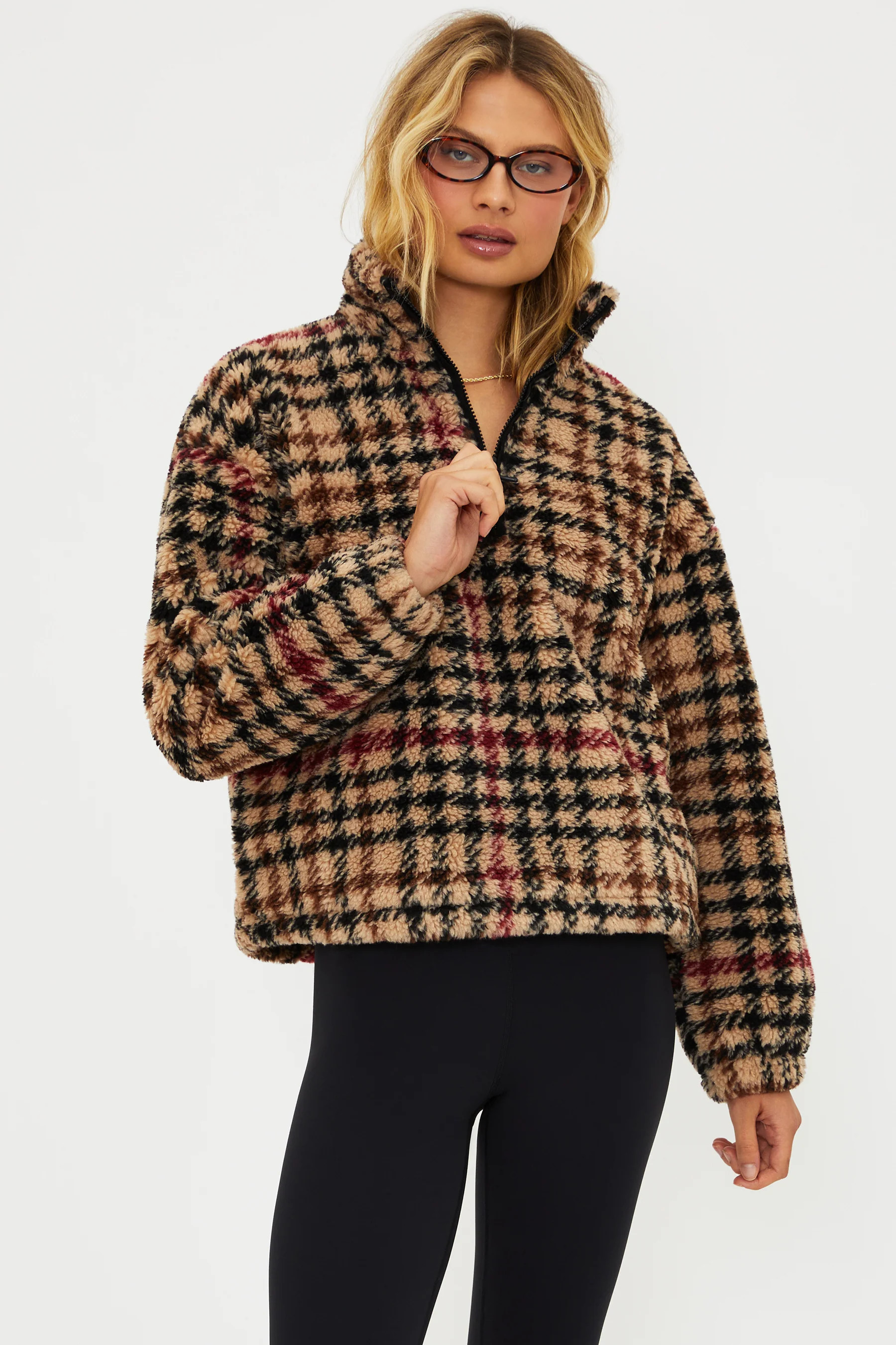 Leona Sherpa Midnight Houndstooth | Faux Fur Half Zip Sherpa | Beach Riot | Beach Riot