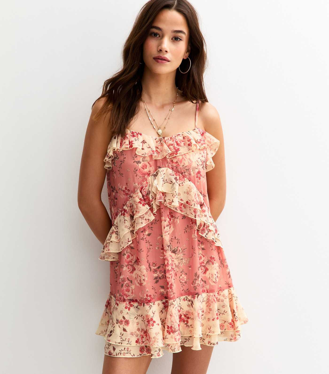 Pink Floral Print Ruffle Trim Chiffon Mini Dress | New Look | New Look (UK)
