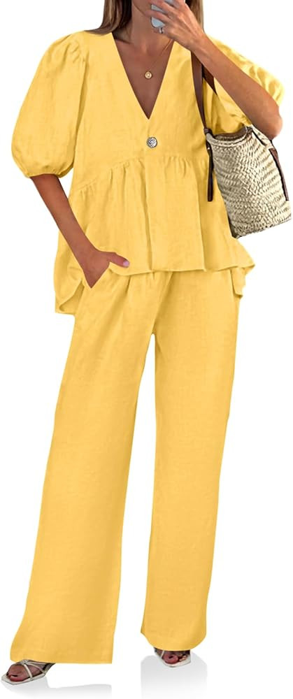 Tankaneo Womens 2 Piece Linen Sets Summer Vacation Outfits V Neck Puff Sleeve Babydoll Tops Wide ... | Amazon (US)