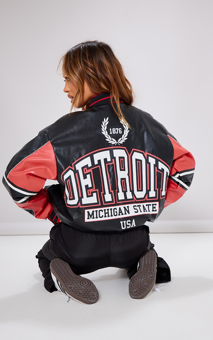 Petite Black Oversized Graphic Baseball Bomber Jacket | PrettyLittleThing CAN