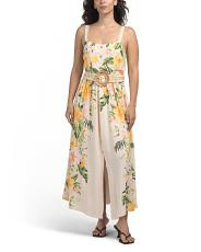 Linen Blend Square Neck Floral Print Belted Dress | TJ Maxx