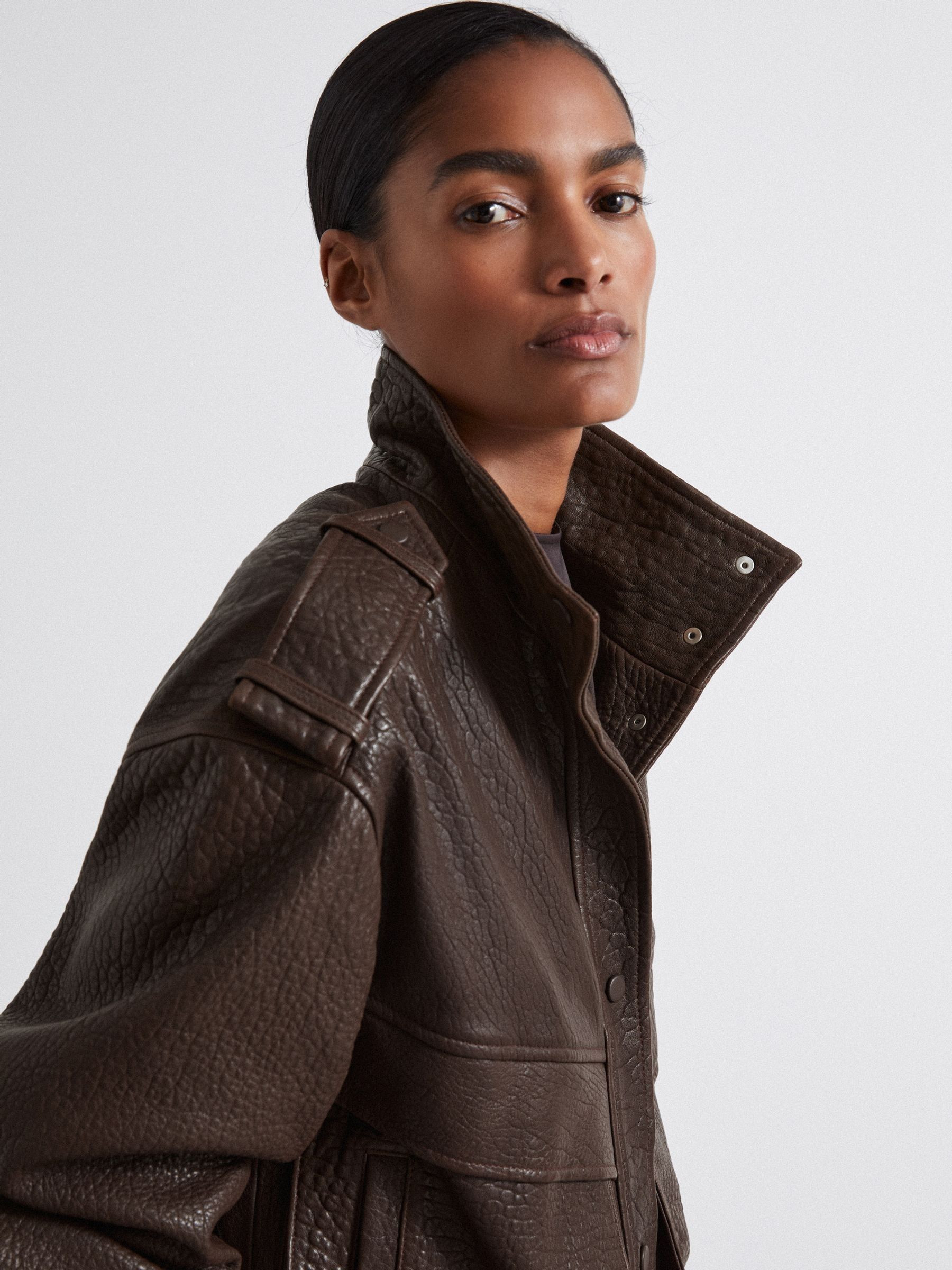 Reiss Atelier Grained Leather Jacket in Chocolate - REISS | Reiss UK