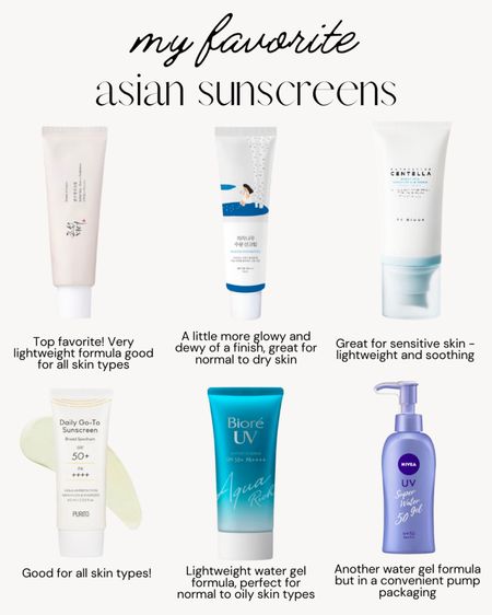My absolute favorite Asian sunscreens! I am a huge fan of these Korean and Japanese sunscreens. ALL of them have elegant formulas, zero eye sting, and zero weird sunscreen smell. Beware of fakes on Amazon and stick to buying from authorized retailers. Note: shipping does take a few weeks but the prices are best on this retailer and the products are worth the wait! 

#LTKstyletip #LTKbeauty #LTKover40