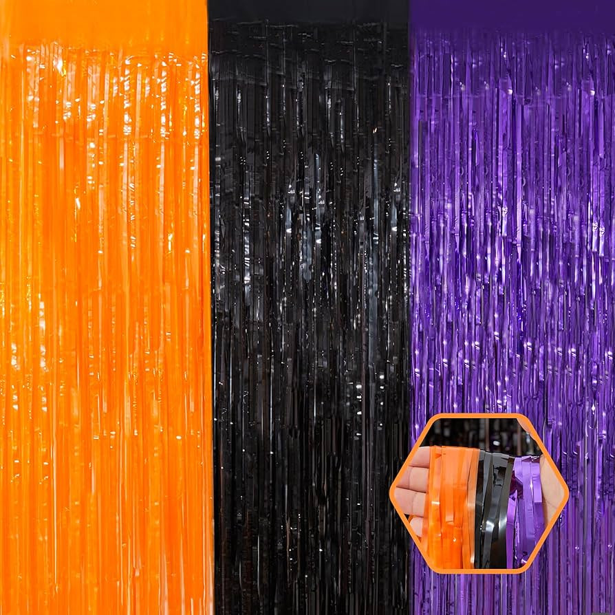 3 Pack Orange Purple Black Tinsel Foil Fringe Curtains, Halloween Photo Backdrop Streamers for Bi... | Amazon (US)