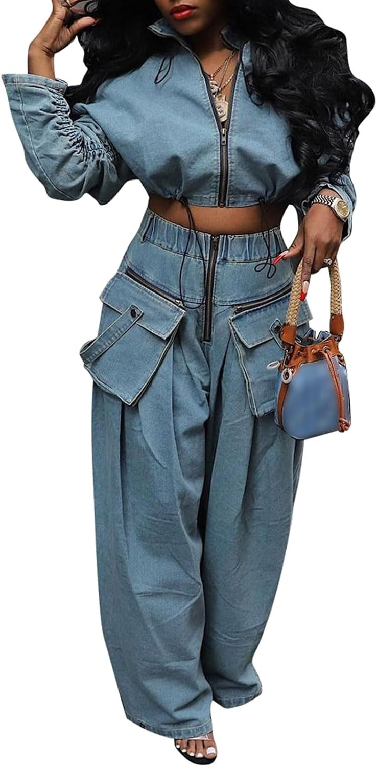 Women's Denim Two Piece Outfit Cropped Jacket Wide Leg Cargo Pants | Amazon (US)
