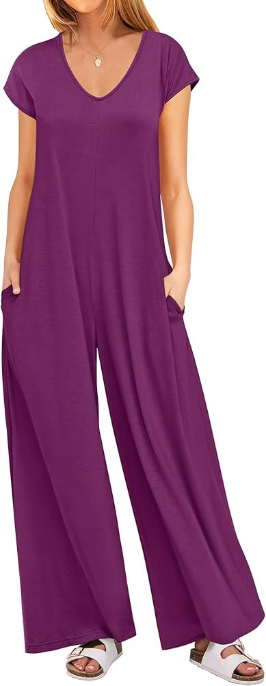 ANRABESS Jumpsuits for Women 2025 Summer Casual Loose Cap Sleeve Crewneck Wide Leg Rompers Jumper... | Amazon (US)