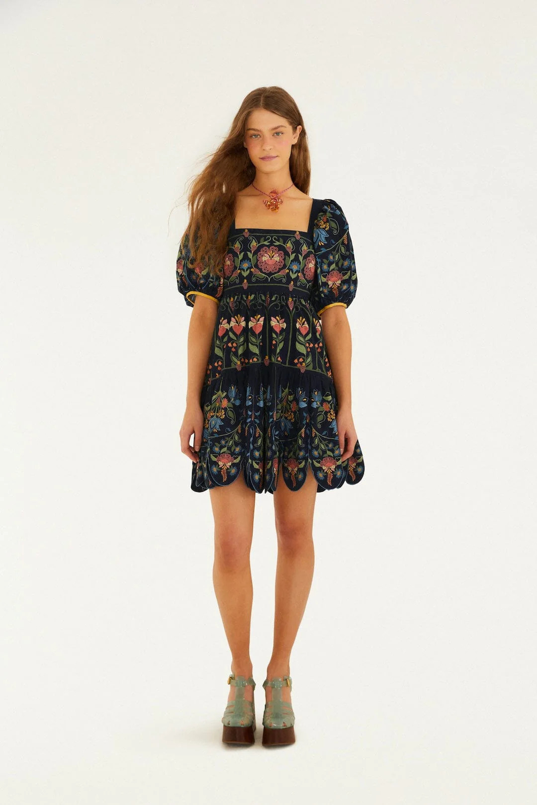 Navy Blue Stitched Garden Organic Cotton Mini Dress | FARM Rio | FarmRio (US)