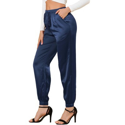 INSPIRE CHIC Women's Drawstring Elastic Waist Ankle Length Satin Joggers Pants with Pocket X-Large Royal Blue | Target