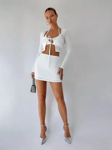SHEIN SXY Cut Out Ring Front Top & Ruched Asymmetrical Hem Skirt