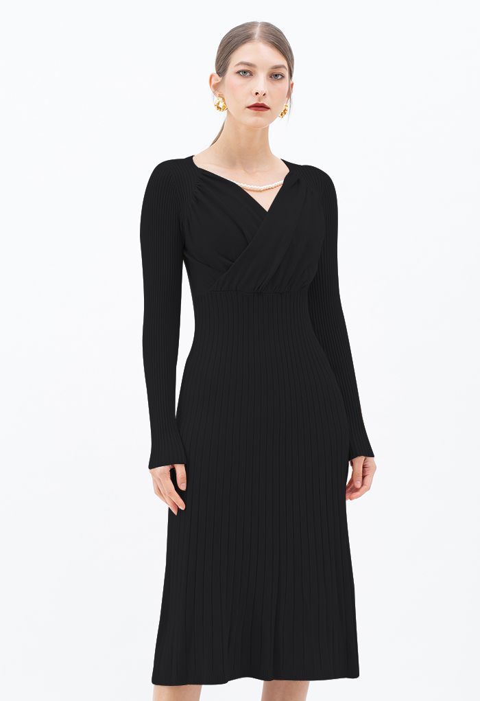 Ruched Wrap Front Ribbed Knit A-line Midi Dress in Black | Chicwish