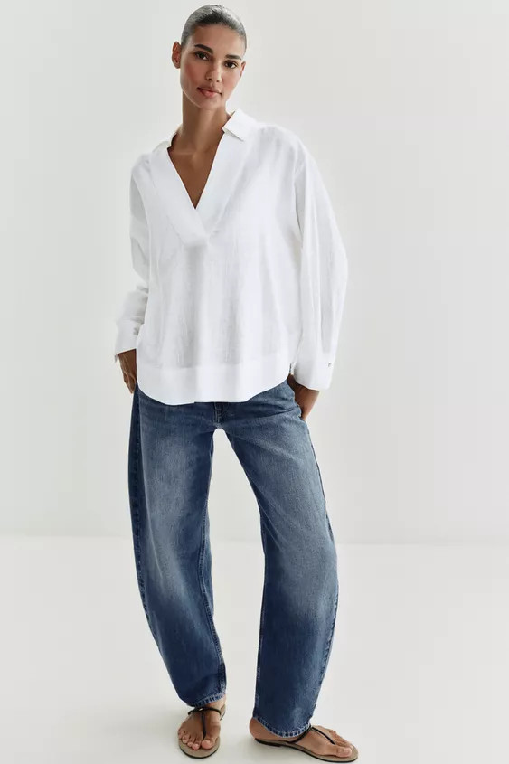 LINEN BLEND POLO COLLAR BLOUSE | Zara US