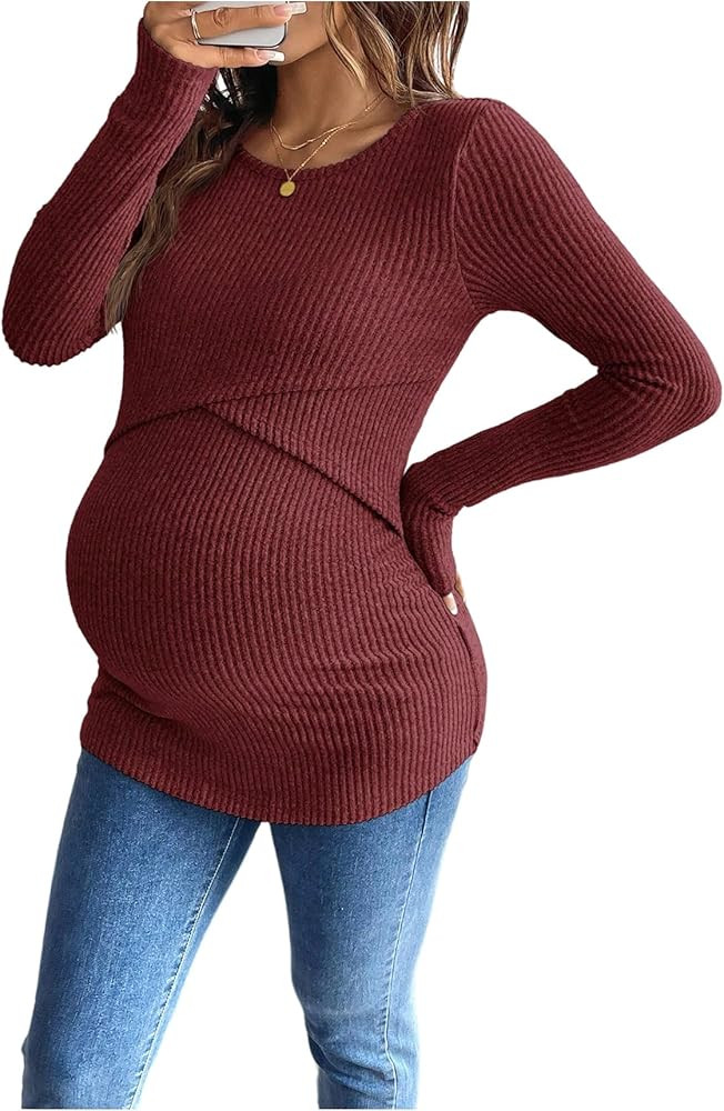 MakeMeChic Women's Maternity Shirts Knit Wrap Nursing Top Fall Maternity Clothes | Amazon (US)