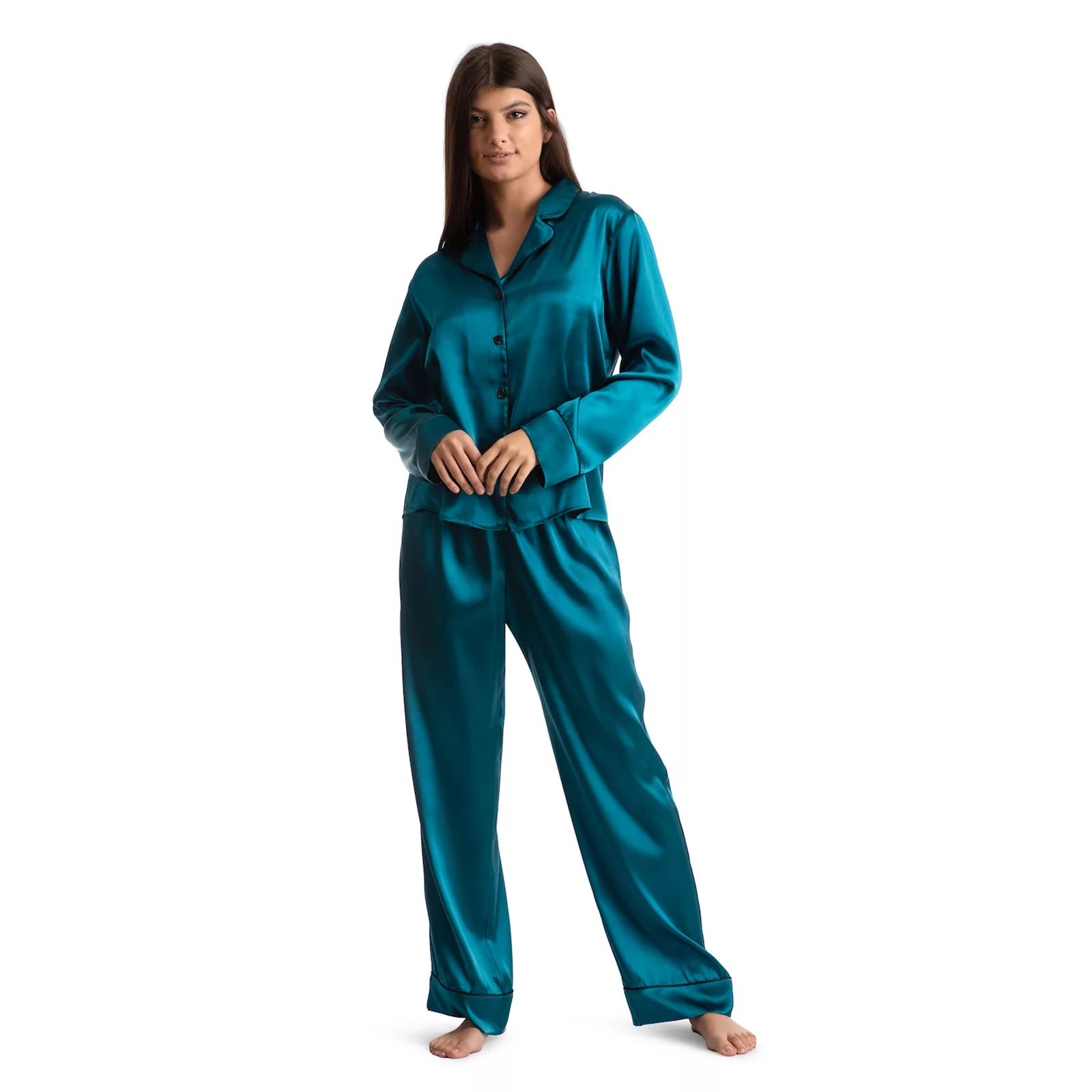 Women's Lilac+London Satin Pajama Shirt & Pajama Pants Sleep Set, Size: XXL LONG, Turquoise/Blue | Kohl's