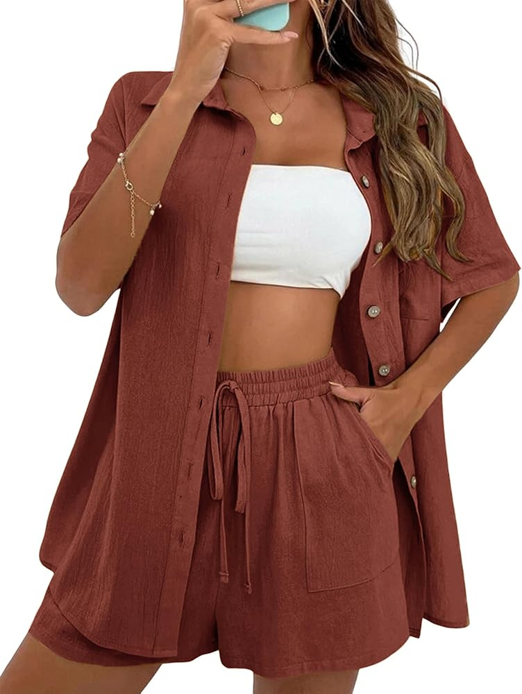 APAFES Women Summer Cotton Linen Short Sets 2 Piece Shorts Top Lounge Beach Vacation Two Piece Ou... | Amazon (US)