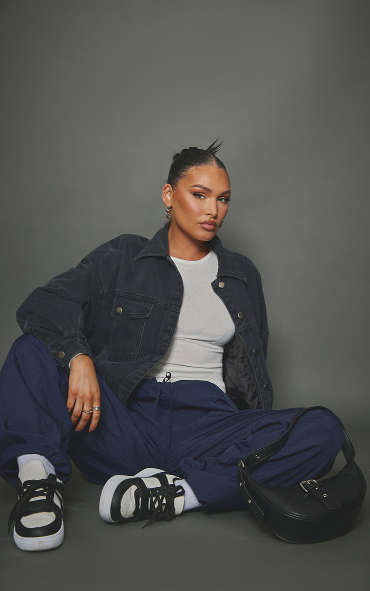 Washed Black Oversized Elasticated Hem Quilted Denim Jacket | PrettyLittleThing US