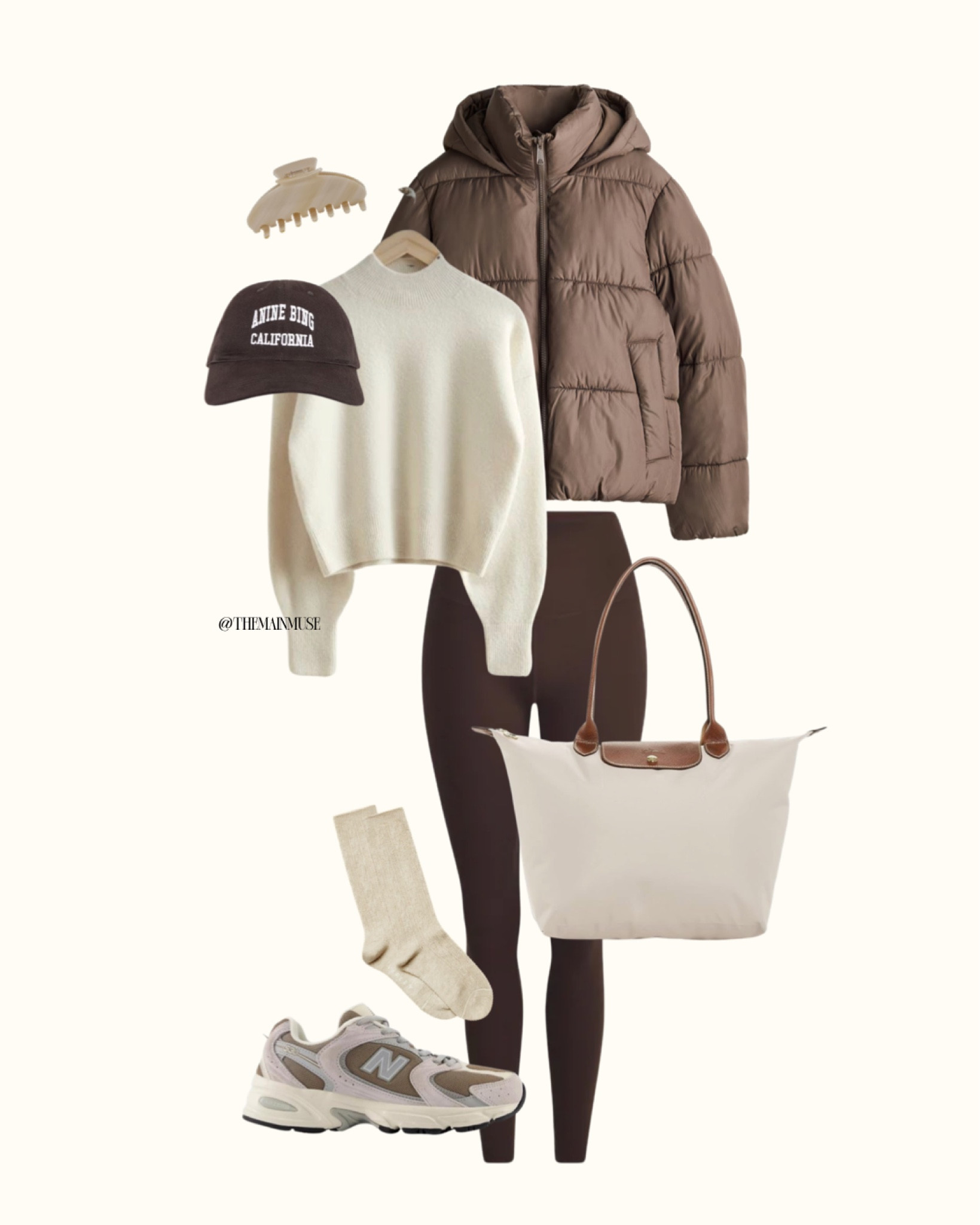 Neutral fit atheistic winter outfit 

puffer jacket, brown puffer jacket, cropped puffer jacket, beige sweater, cropped beige sweater, oversized knit sweater, chocolate brown leggings, high-waisted leggings, brown leggings, New Balance sneakers, neutral sneakers, dad sneakers, everyday sneakers, crew socks, beige socks, cozy socks, Longchamp tote bag, Longchamp Le Pliage, large tote bag, neutral tote bag, baseball cap, Anine Bing cap, casual cap, claw clip, neutral claw clip, winter outfit, casual winter outfit, athleisure look, cozy outfit, everyday outfit, neutral tones outfit, minimalist style, comfy chic, cold weather style.

#LTKfindsunder100 #LTKfindsunder50 #LTKActive