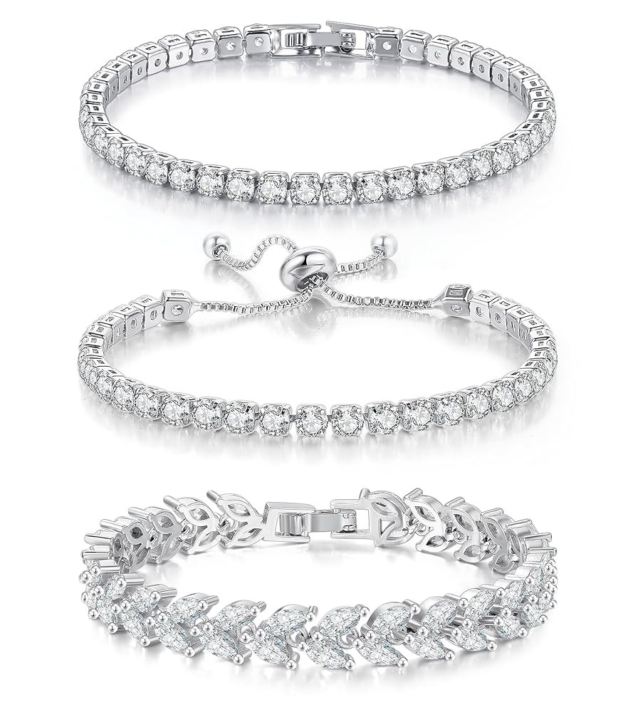 3 Pcs Tennis Bracelet Set 14K Gold Plated Marquise Cubic Zirconia CZ Diamond Dainty Adjustable Si... | Amazon (US)