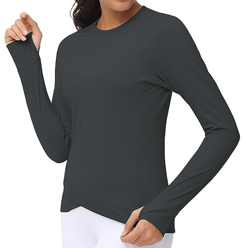Women's Long Sleeve Compression Shirts Workout Tops Cross Hem Athletic Running Yoga T-Shirts with Thumb Hole Charcoal Grey | Amazon (US)