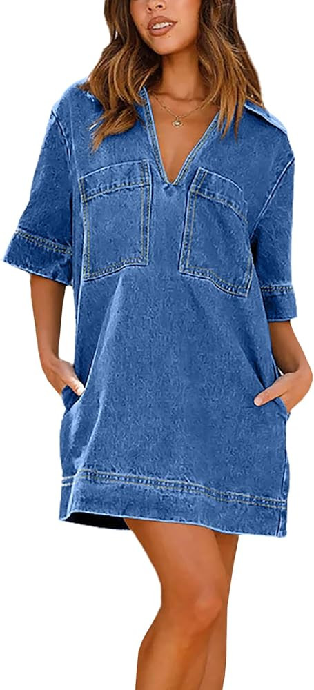 Women's Summer Short Sleeve Denim Dress V Neck Casual Loose Pullover Short Jean Dress with Pocket... | Amazon (US)