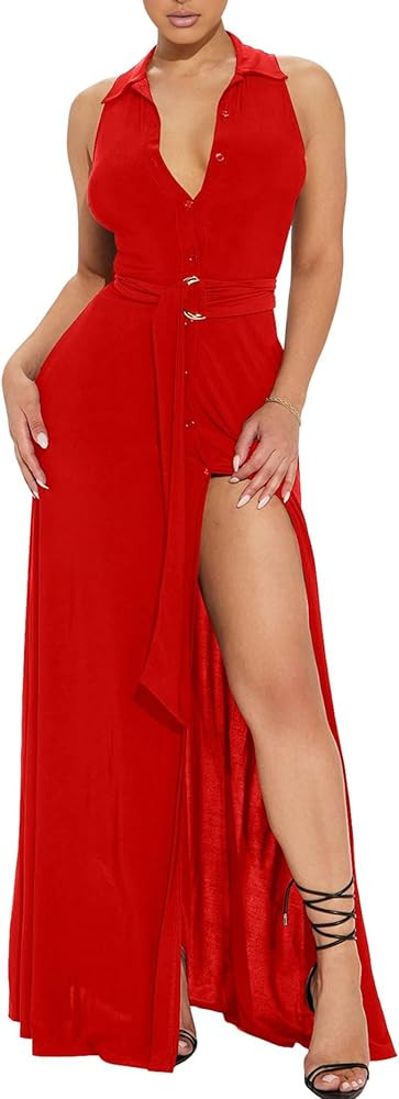 Women's Deep V Neck Long Dresses Sleeveless Collared Button Down High Split Cocktail Wedding Part... | Amazon (US)