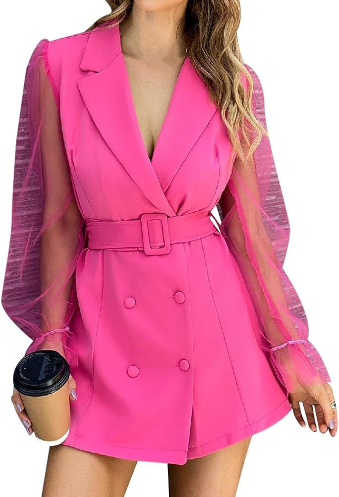 Blazer Dress for Women Elegant Mesh Long Sleeve Double Breasted Belt Blazer Mini Dress Casual Wor... | Amazon (US)