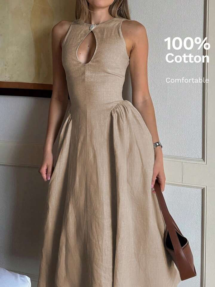 Siren Gaze Vestido De Línea A Con Cintura Ceñida, Escote Hueco Y Pliegues Laterales En Lino Para Mujer | SHEIN