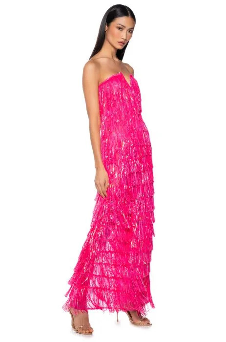TOP OF THE WORLD STRAPLESS SEQUIN FRINGE MAXI DRESS IN FUCHSIA | AKIRA