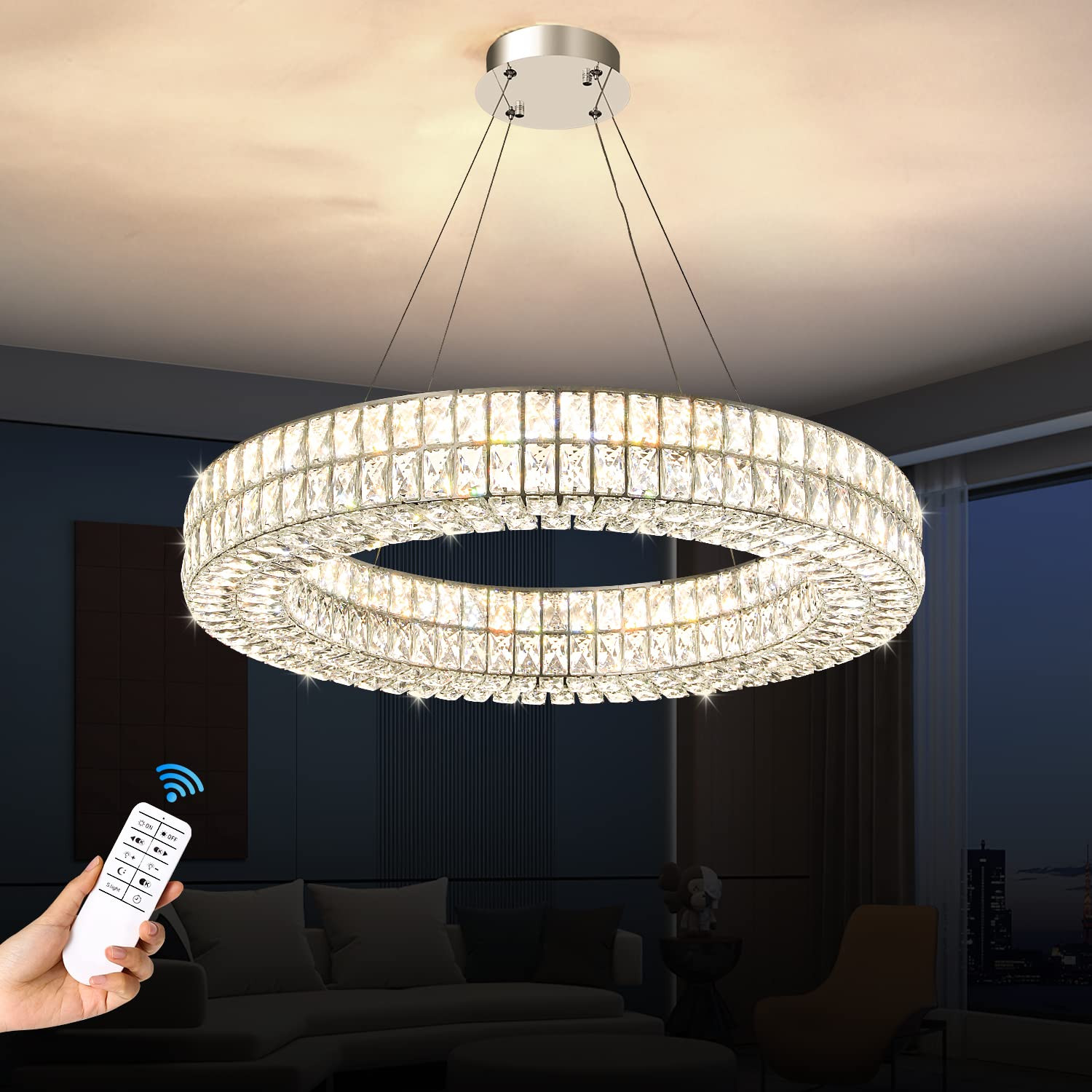 Led 32" Ring Crystal Chandelier, Modern Chandeliers Lighting and Hanging Ring Adjustable, Stainle... | Amazon (US)