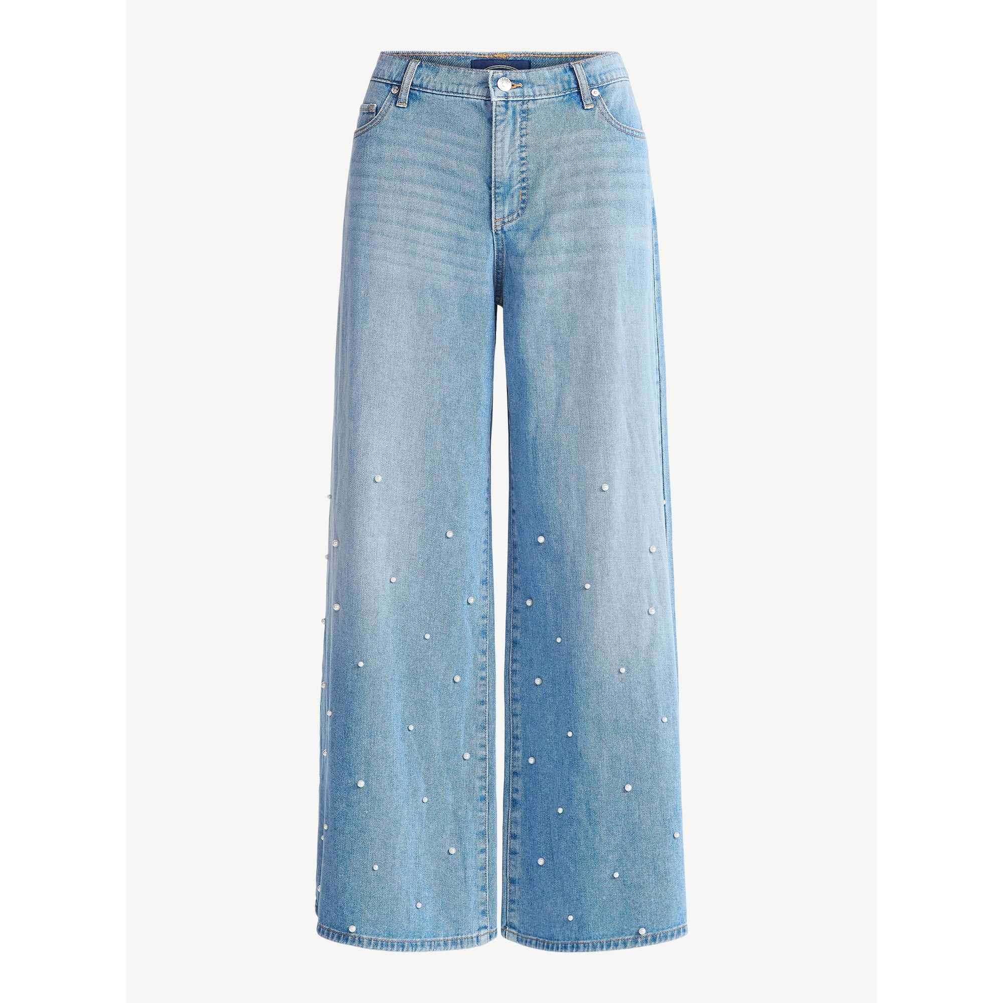 Scoop Women's and Women’s Plus Wide Leg Jeans with Faux Pearl Accents, Sizes 0-26W | Walmart (US)