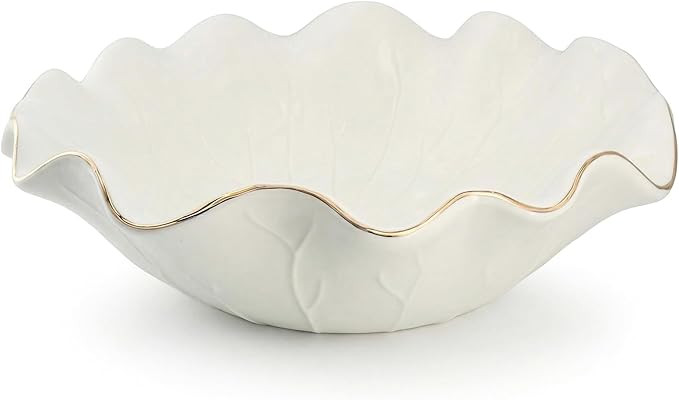 10 Inch White Shallow Handmade Ceramic Lotus Leaf Bowl with Gold Rim, Large Decorative Fruit Bowl... | Amazon (US)
