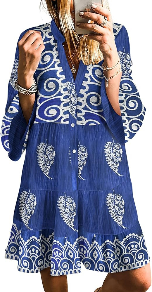 SELINK Womens Long Sleeve Dresses Casual V Neck Tribal Print Button Flowy Boho Mini Beach Dress | Amazon (US)