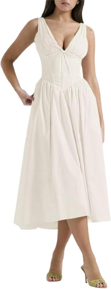 A Line Midi Dress V Neck Spaghetti Strap Dresses for Women Milkmaid Sundress with Pocket Corset D... | Amazon (US)