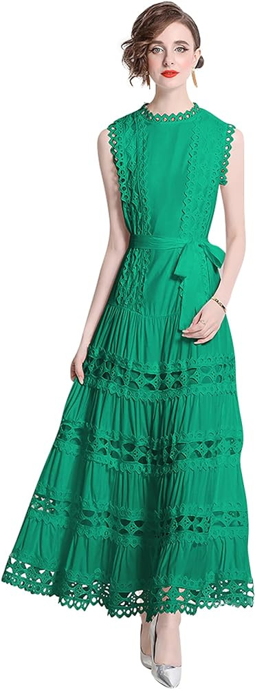 LAI MENG FIVE CATS Women Sleeveless Hollow Out Maxi Dress Casual Wedding Guest Long Dress with Be... | Amazon (US)