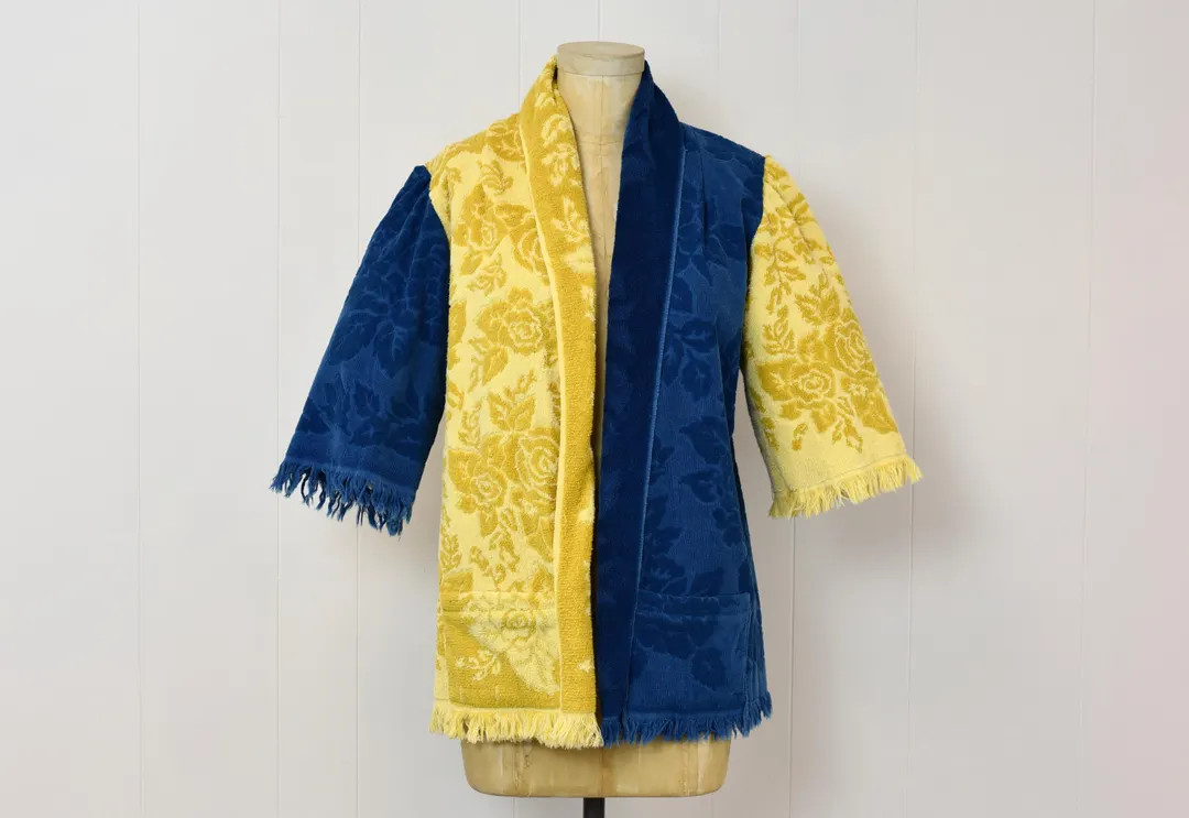 1960s Style Yellow Blue Two Toned Floral Print Cotton Handmade Upcycled Vintage Towel Cover up To... | Etsy (US)