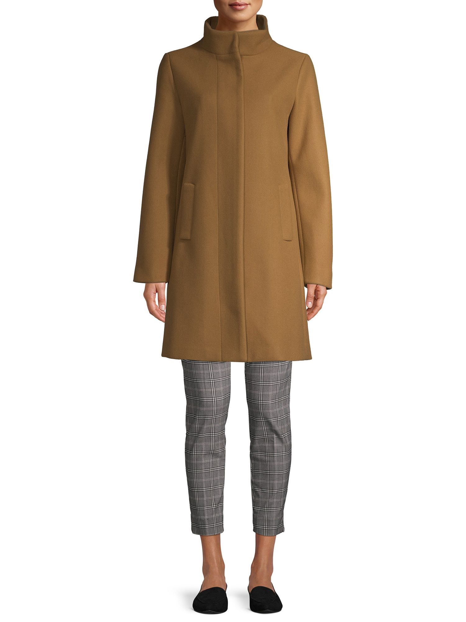 Time and Tru Women's Faux Wool Funnel Neck Coat with Placket | Walmart (US)