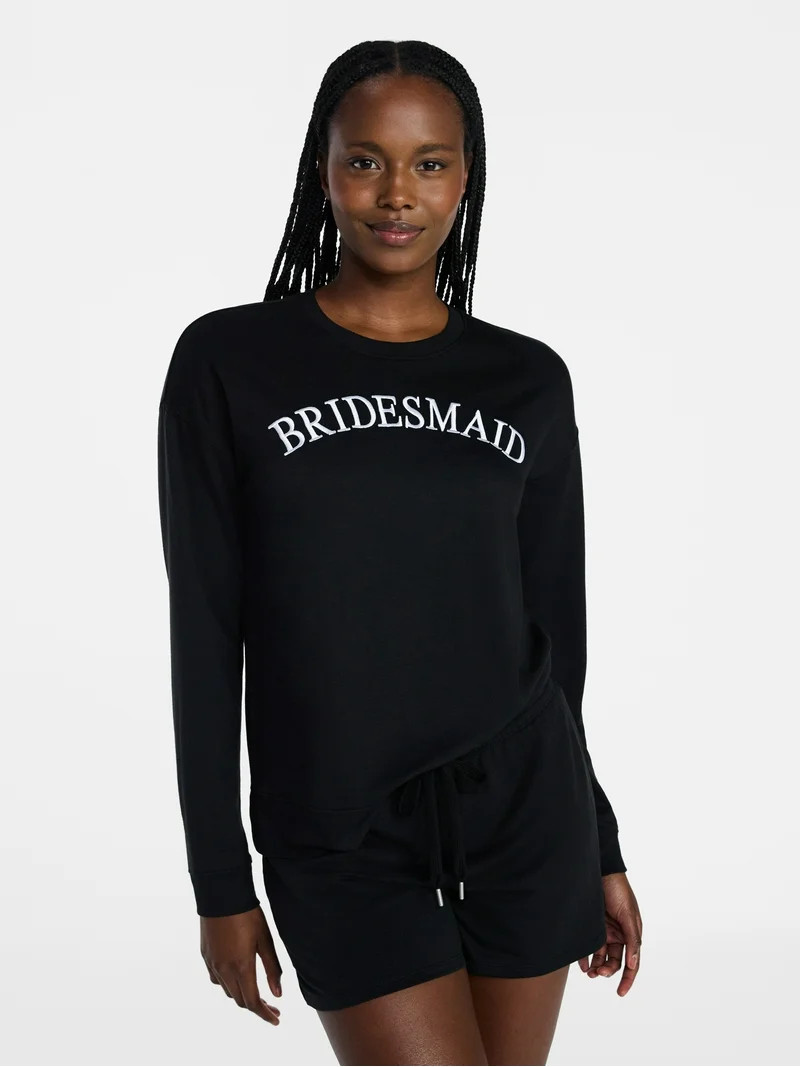 Joyspun Women's Bridal French Terry Knit Long Sleeve Top and Shorts Pajamas Set, Sizes XS-3X | Walmart (US)