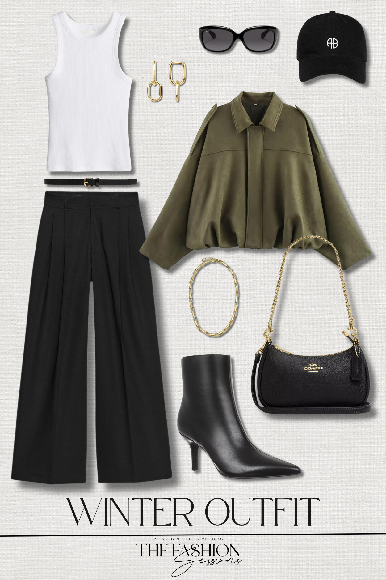 Winter outfit inspo.
bomber jacket | wide leg pinstripe pants with pleats | fitted ribbed tank top | leather belt | anine bing cap | stiletto heel ankle booties | coach teri mini crossbody bag | ray-ban jackie ohh sunglasses | gold paperclip earrings | gold chunky necklace | trendy outfit | shopping outfit | girls trip outfit | city outfit | elevated casual 

 #LTKootd #LTKOver40 #LTKFindsUnder100
