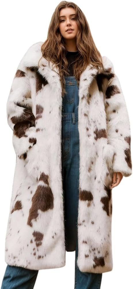 EDGBI Women Cow Faux Fur Lapel Maxi Coat Fleece Cardigan Outwear Soft Warm Jacket with Pockets fo... | Amazon (US)
