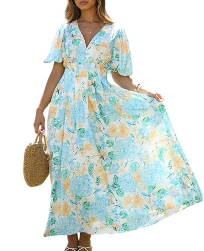 Maxigerui Women's Boho Floral Print Midi Dress Hydrangea Blue Yellow Print XL | Amazon (US)