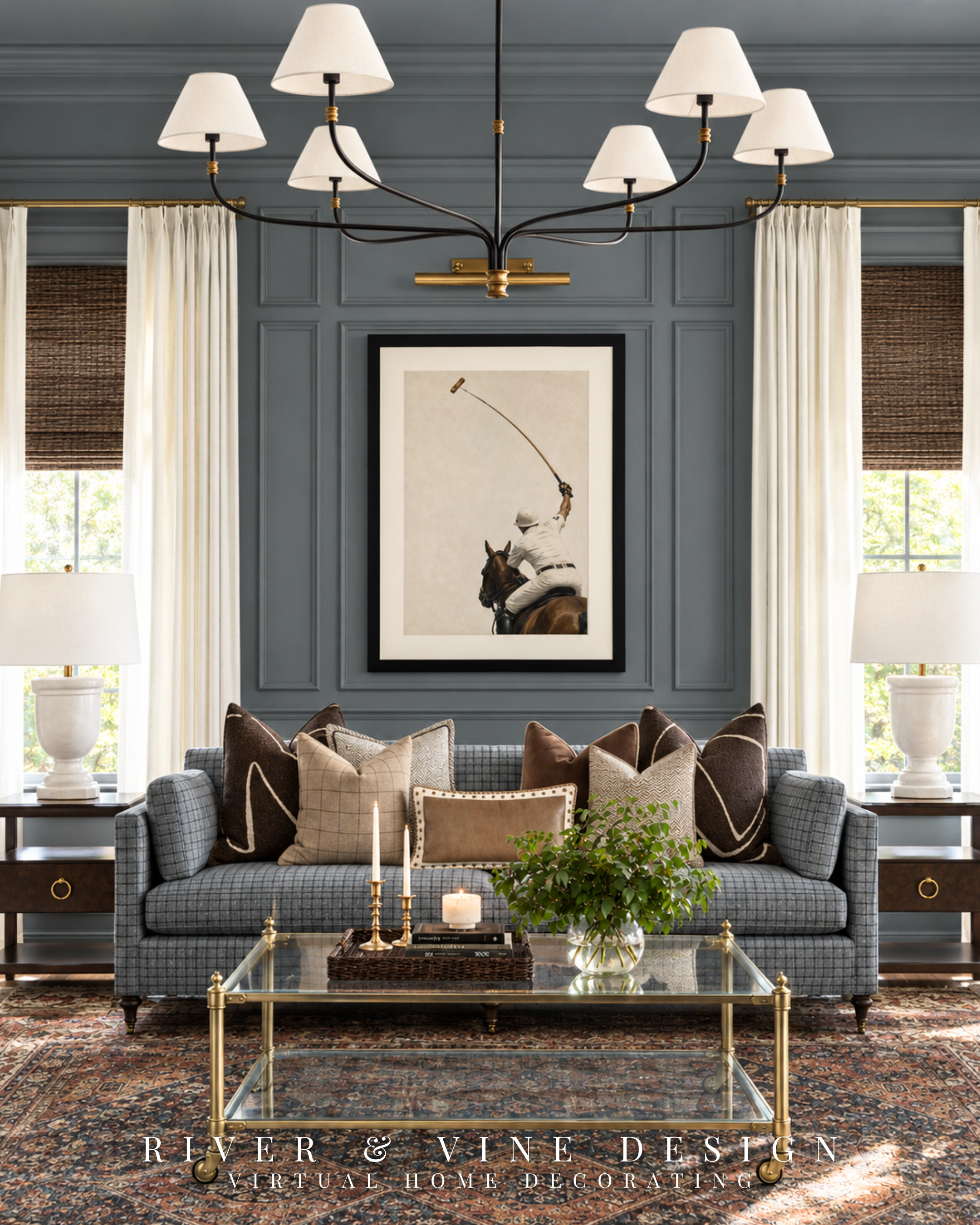 Love the windowpane sofa, but worried about choosing everything that goes with it? Build your traditional living room around the colors already in the upholstery, then bring in warmer accents.

Here, chocolate brown and camel pillows connect the blue-gray sofa to the earthy tones in the rug. The patterns work together through contrast: fine windowpane lines, larger pillow motifs, and an intricate rug. Cream curtains give the eye somewhere to rest.

The glass coffee table keeps that rug visible while its brass finish echoes the lighting. Browse the sofa, rug, and pillow combination through the product links to bring these layers into your own room.

traditional living room ideas, blue gray windowpane sofa, brown and cream throw pillows, equestrian wall art, brass and glass coffee table, layered living room decor, classic living room lighting

I may receive a commission from purchases made through my links.

#LTKHome