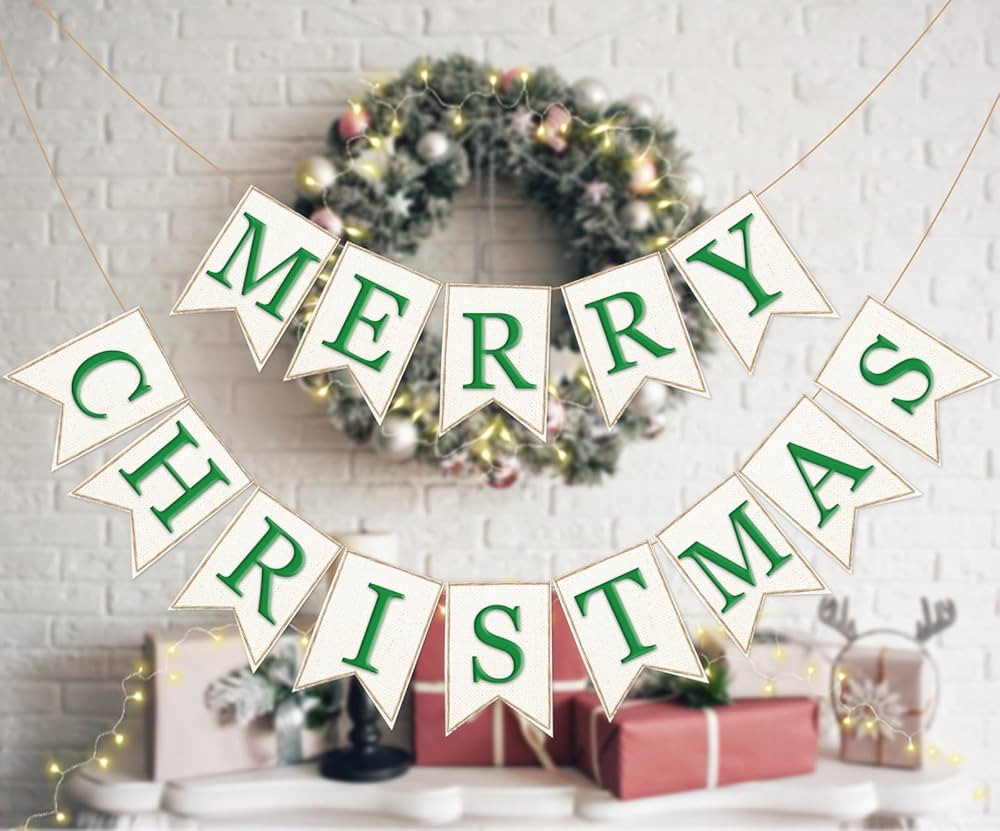 Whaline 2Pcs Christmas Burlap Banner Felt Merry Christmas Banner Green White Pre-Assembled Xmas B... | Amazon (US)