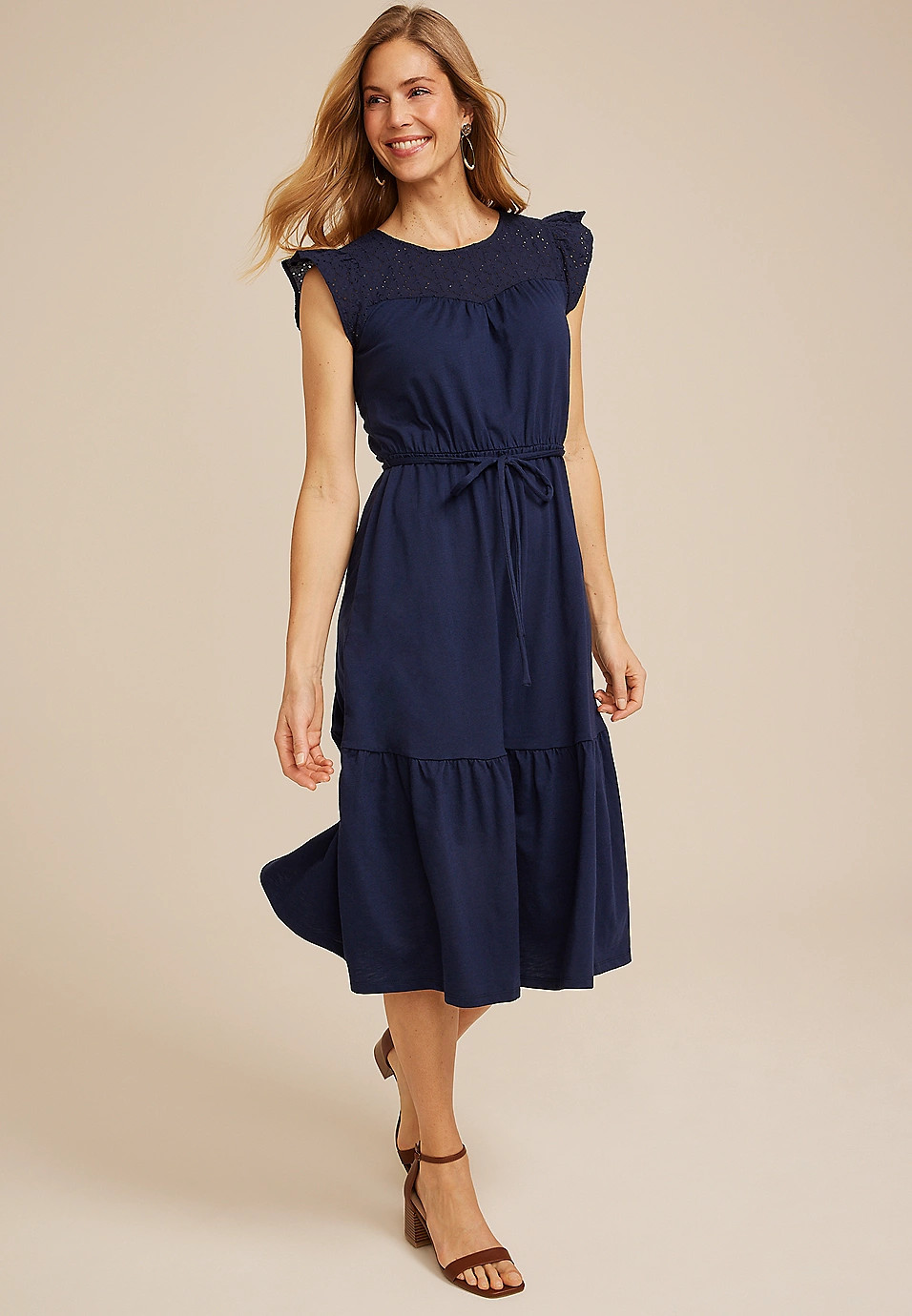 Flutter Sleeve Eyelet Tiered Midi Dress | Maurices